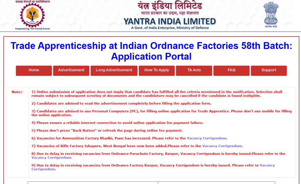 Yantra India Limited Recruitment 2024 Application Form website
